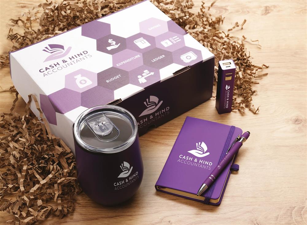 Branded Gift Set with Cup, Portable Charger, and Notebook